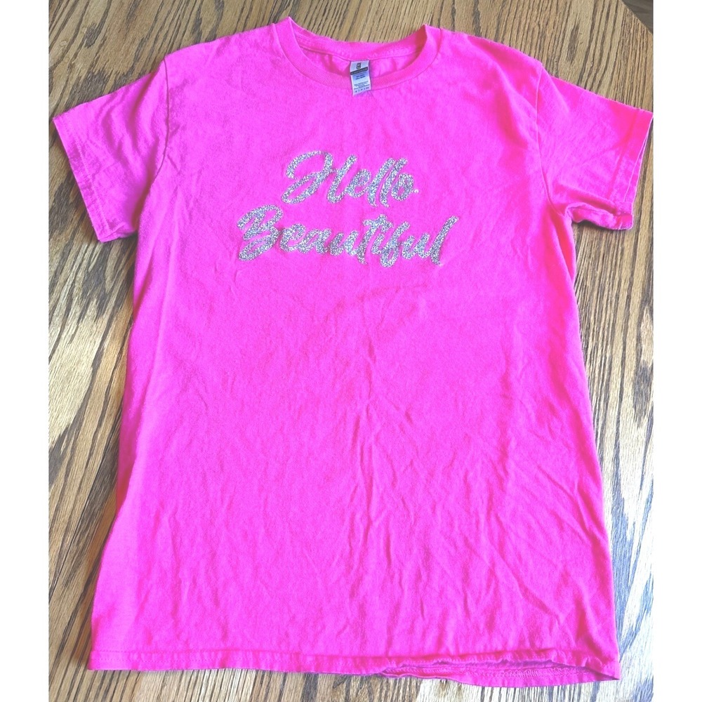 Gildan Heavy Cotton Pink Hello Beautiful Glitter Graphic T-Shirt‎ Small